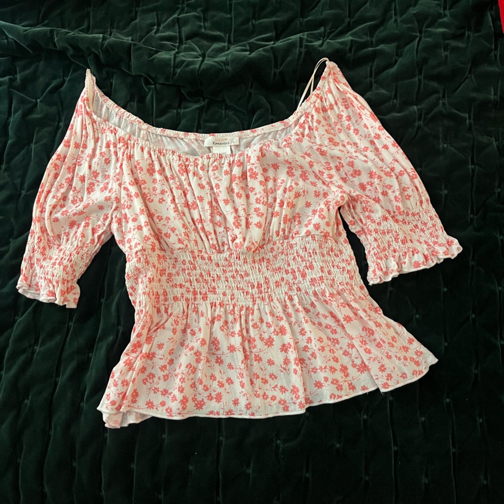URBAN Romantics Cream Blouse with Coral Floral Print
